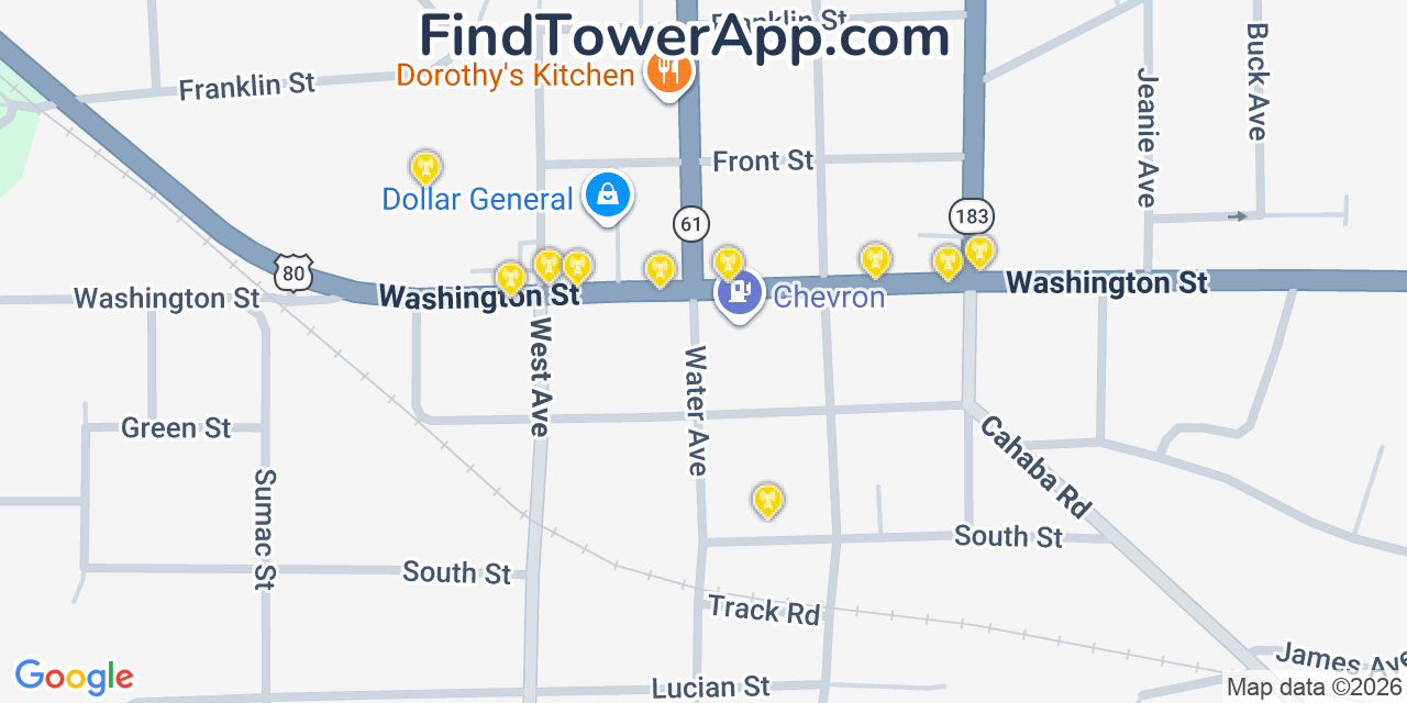 Map showing the 20 primary cell tower locations detected in Uniontown, Alabama from AT&T, Verizon, and T-Mobile networks