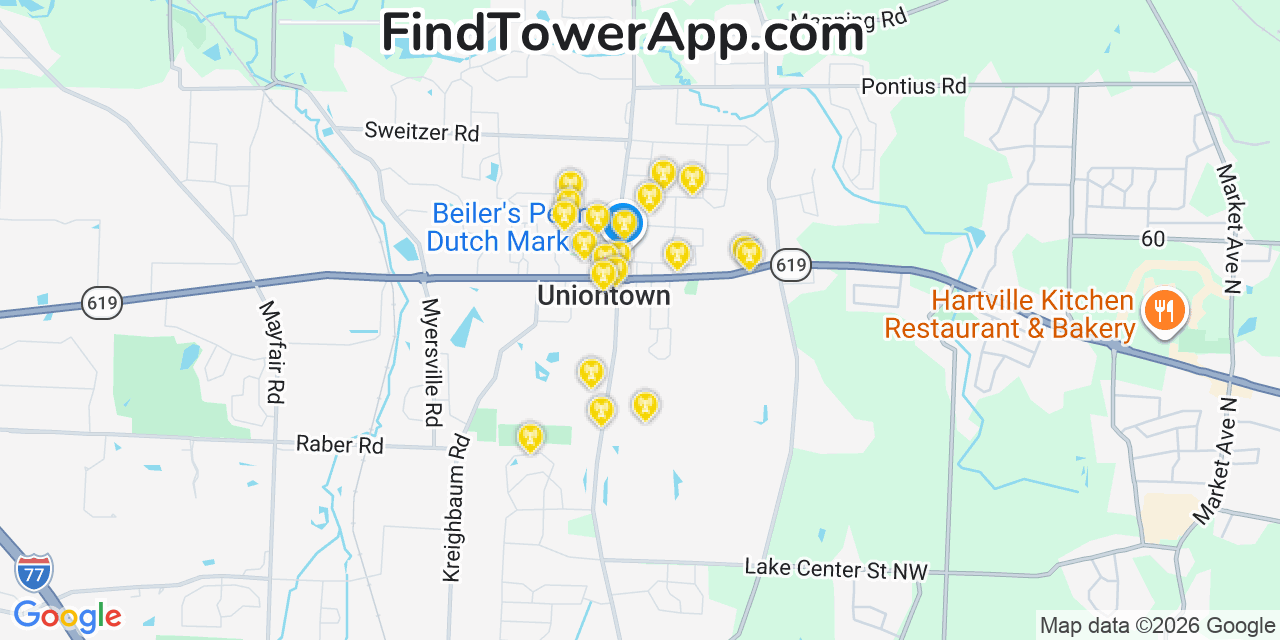 Map showing the 20 primary cell tower locations detected in Uniontown, Ohio from AT&T, Verizon, and T-Mobile networks