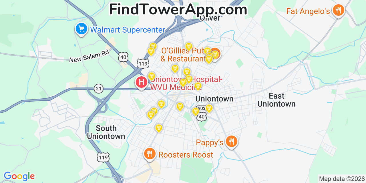 Map showing the 20 primary cell tower locations detected in Uniontown, Pennsylvania from AT&T, Verizon, and T-Mobile networks