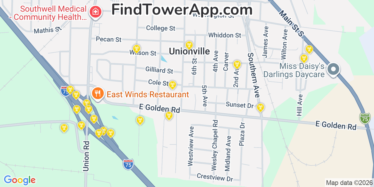 Map showing the 20 primary cell tower locations detected in Unionville, Georgia from AT&T, Verizon, and T-Mobile networks