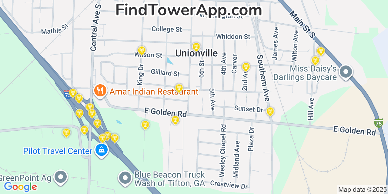 Map showing the 20 primary Mobitel cell tower locations detected in Unionville, Georgia with coverage radius and signal strength indicators