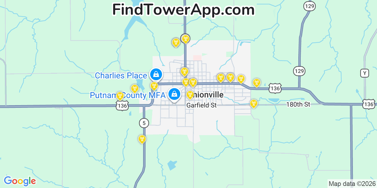 Map showing the 20 primary cell tower locations detected in Unionville, Missouri from AT&T, Verizon, and T-Mobile networks