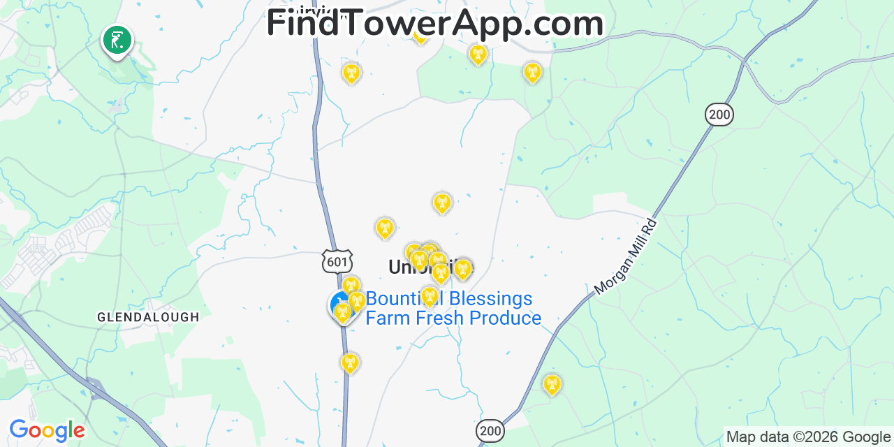 Map showing the 20 primary cell tower locations detected in Unionville, North Carolina from AT&T, Verizon, and T-Mobile networks
