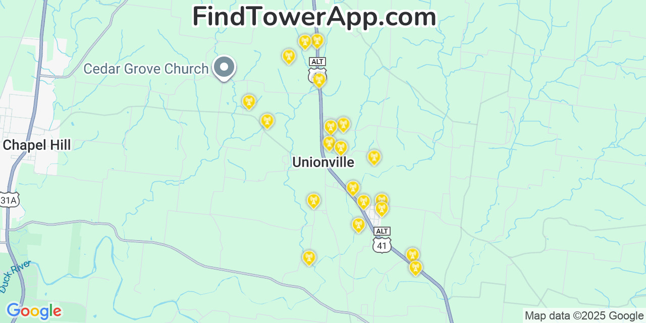 Map showing the 20 primary cell tower locations detected in Unionville, Tennessee from AT&T, Verizon, and T-Mobile networks