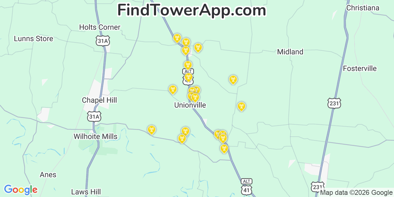 Map showing the 20 primary cell tower locations detected in Unionville, Tennessee from AT&T, Verizon, and T-Mobile networks
