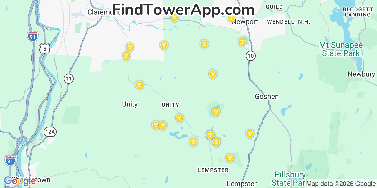 Map showing the 20 primary cell tower locations detected in Unity, New Hampshire from AT&T, Verizon, and T-Mobile networks