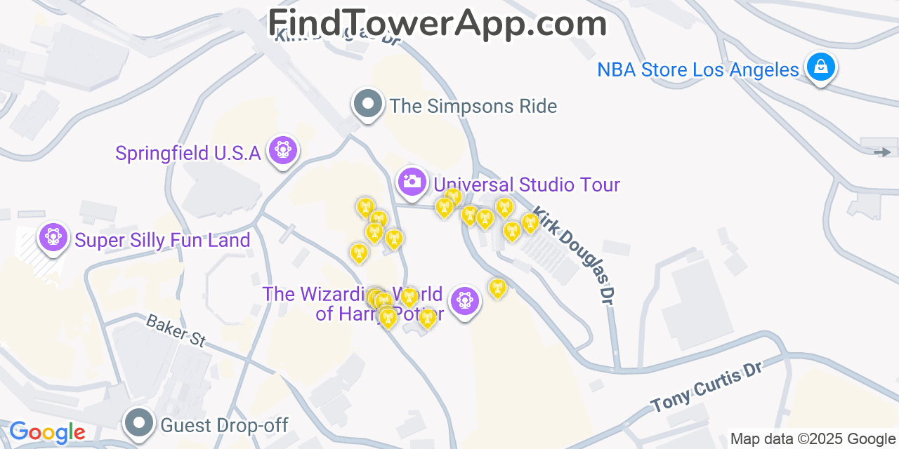 Map showing the 20 primary cell tower locations detected in Universal City, California from AT&T, Verizon, and T-Mobile networks