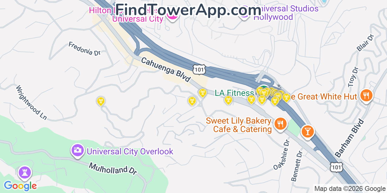 Map showing the 20 primary cell tower locations detected in Universal City, California from AT&T, Verizon, and T-Mobile networks