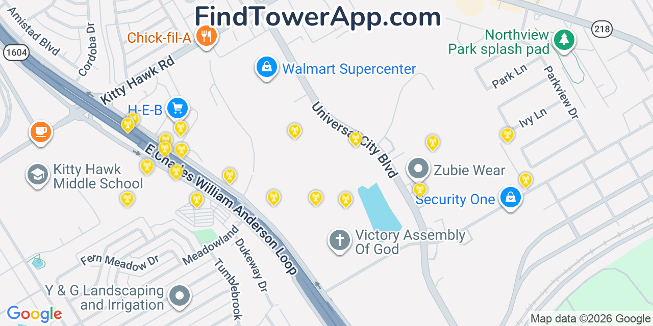 Map showing the 20 primary cell tower locations detected in Universal City, Texas from AT&T, Verizon, and T-Mobile networks