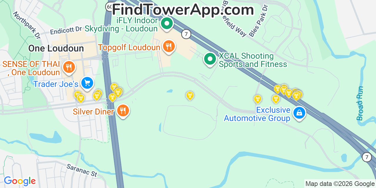 Map showing the 20 primary cell tower locations detected in University Center, Virginia from AT&T, Verizon, and T-Mobile networks