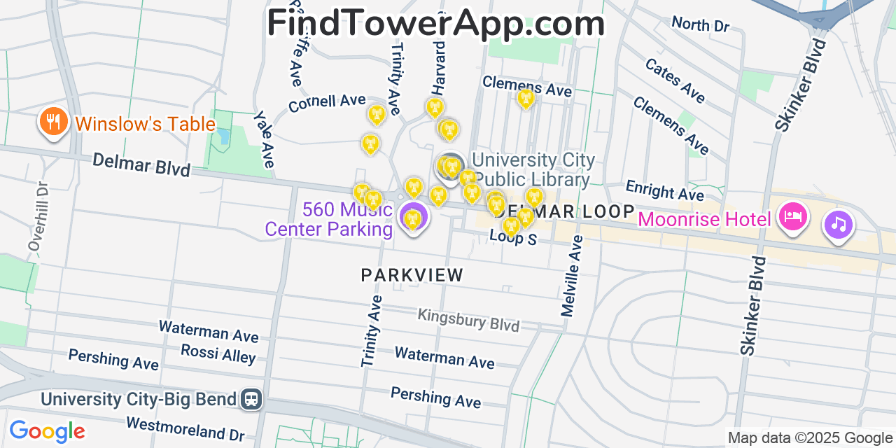 Map showing the 20 primary cell tower locations detected in University City, Missouri from AT&T, Verizon, and T-Mobile networks