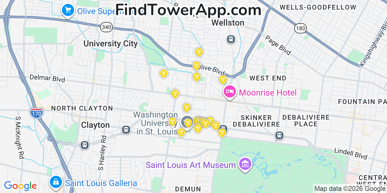 Map showing the 20 primary cell tower locations detected in University City, Missouri from AT&T, Verizon, and T-Mobile networks