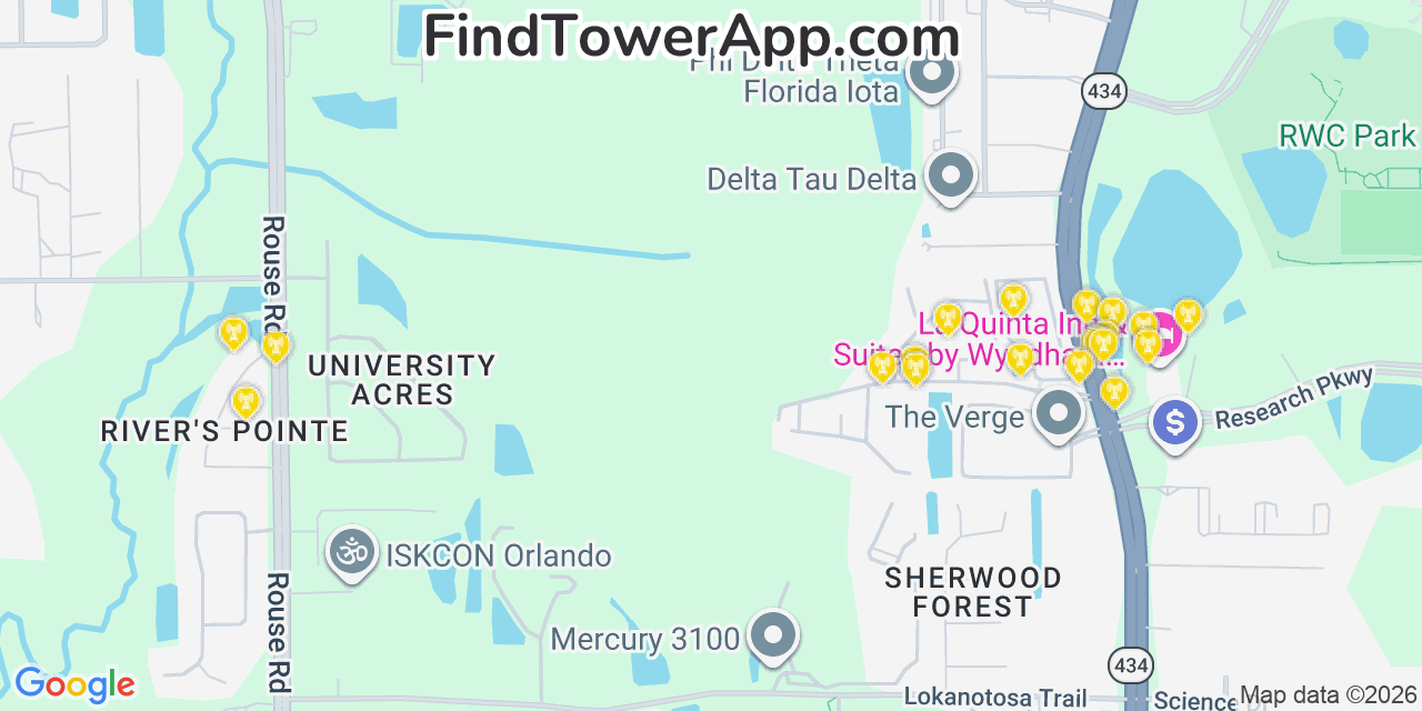 Map showing the 20 primary cell tower locations detected in University, Florida from AT&T, Verizon, and T-Mobile networks