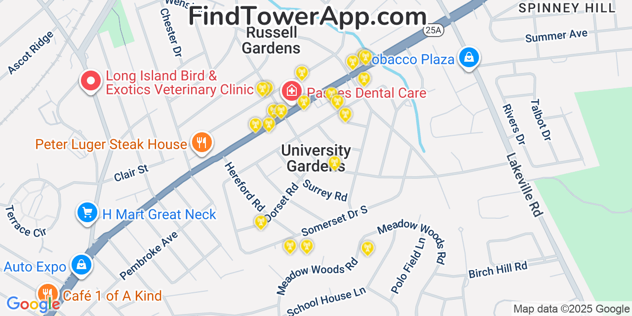 Map showing the 20 primary cell tower locations detected in University Gardens, New York from AT&T, Verizon, and T-Mobile networks