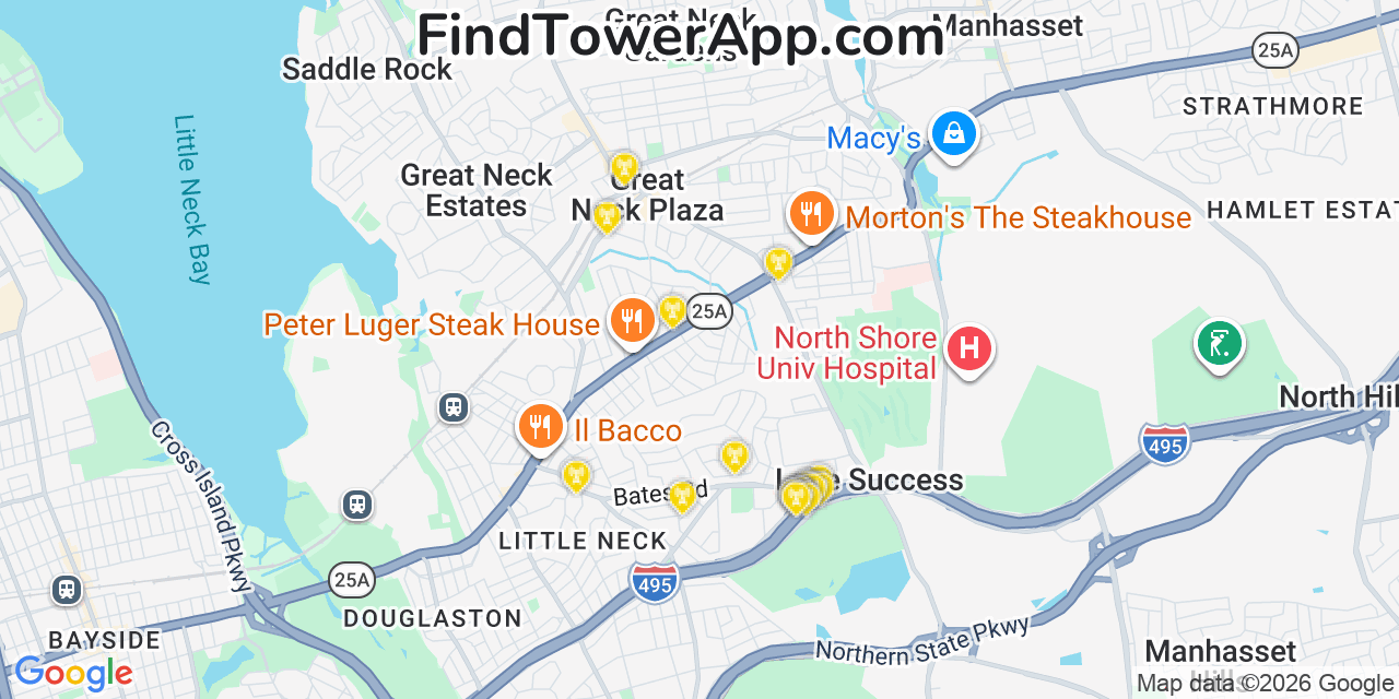 Map showing the 20 primary cell tower locations detected in University Gardens, New York from AT&T, Verizon, and T-Mobile networks