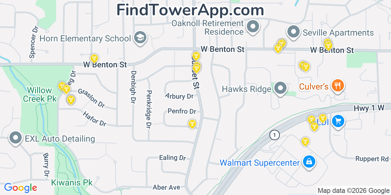 Map showing the 20 primary cell tower locations detected in University Heights, Iowa from AT&T, Verizon, and T-Mobile networks