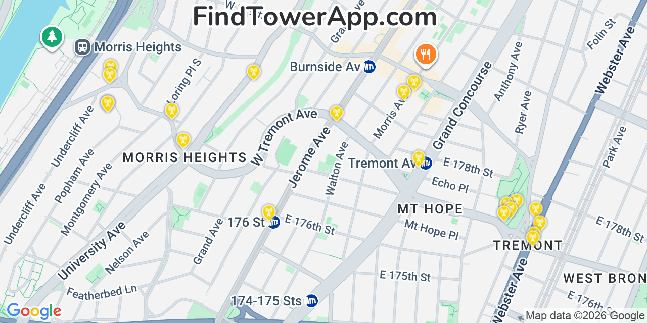 Map showing the 20 primary cell tower locations detected in University Heights, New York from AT&T, Verizon, and T-Mobile networks