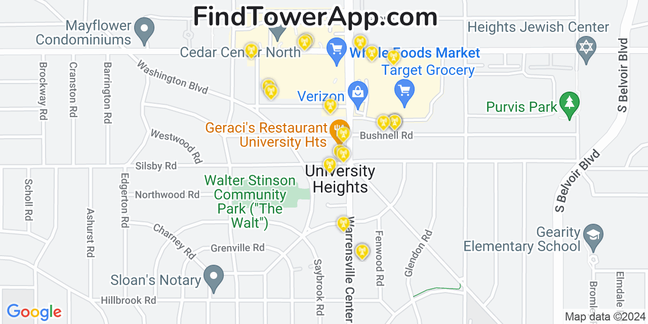 AT&T 4G/5G cell tower coverage map University Heights, Ohio