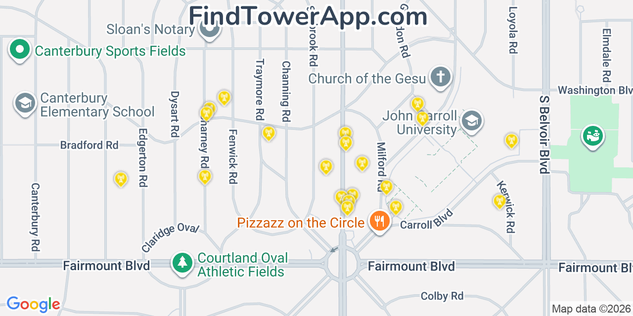 Map showing the 20 primary cell tower locations detected in University Heights, Ohio from AT&T, Verizon, and T-Mobile networks