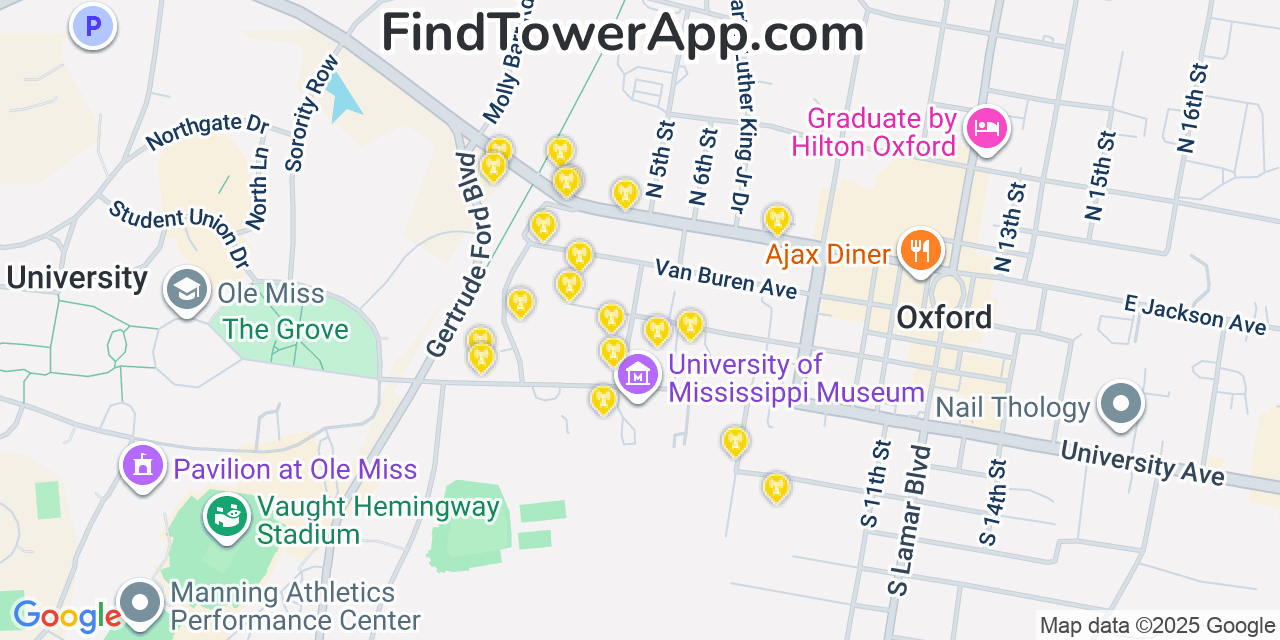 Map showing the 20 primary cell tower locations detected in University, Mississippi from AT&T, Verizon, and T-Mobile networks