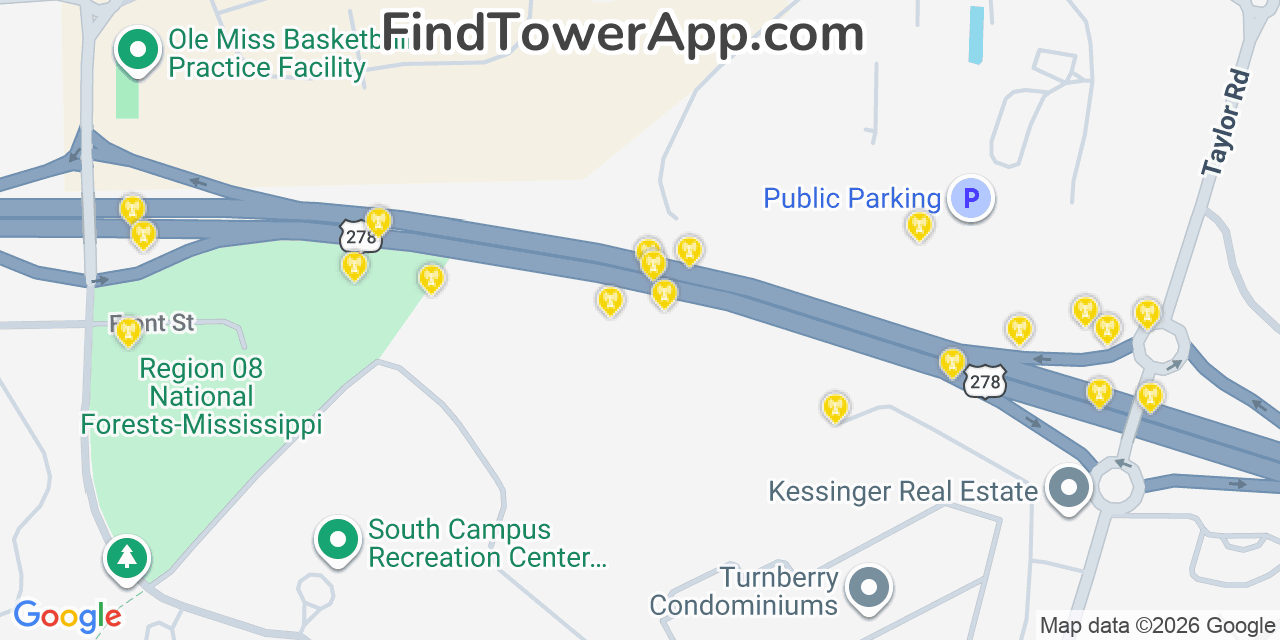 Map showing the 20 primary cell tower locations detected in University, Mississippi from AT&T, Verizon, and T-Mobile networks