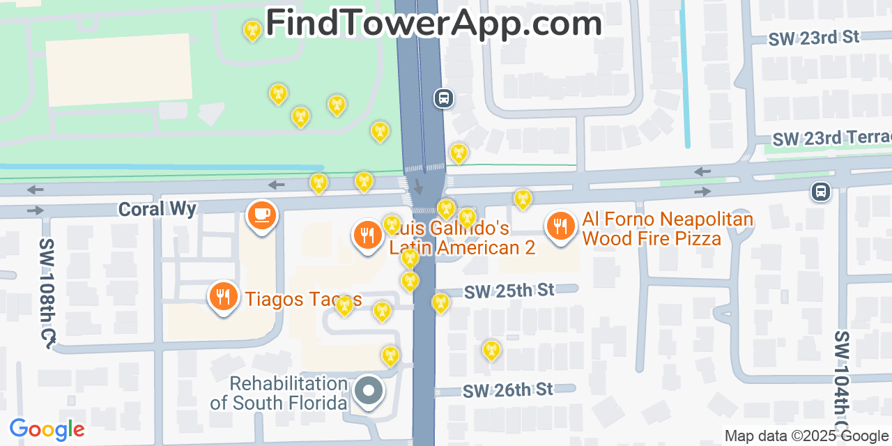 Map showing the 20 primary cell tower locations detected in University Park, Florida from AT&T, Verizon, and T-Mobile networks