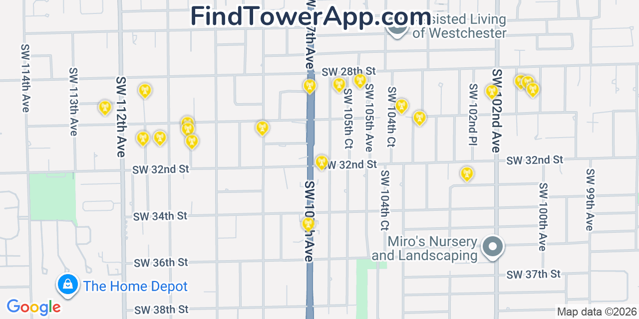 Map showing the 20 primary cell tower locations detected in University Park, Florida from AT&T, Verizon, and T-Mobile networks