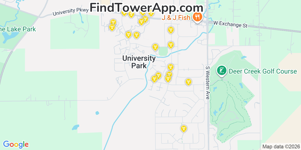 Map showing the 20 primary cell tower locations detected in University Park, Illinois from AT&T, Verizon, and T-Mobile networks
