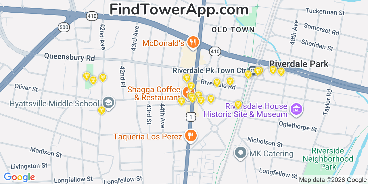 Map showing the 20 primary cell tower locations detected in University Park, Maryland from AT&T, Verizon, and T-Mobile networks