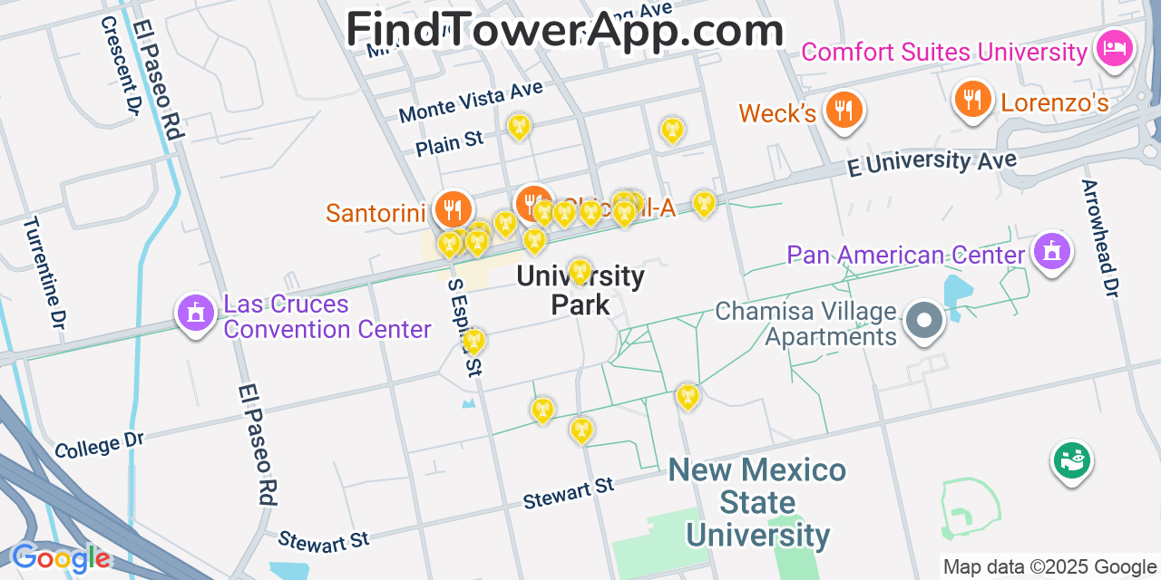 Map showing the 20 primary cell tower locations detected in University Park, New Mexico from AT&T, Verizon, and T-Mobile networks