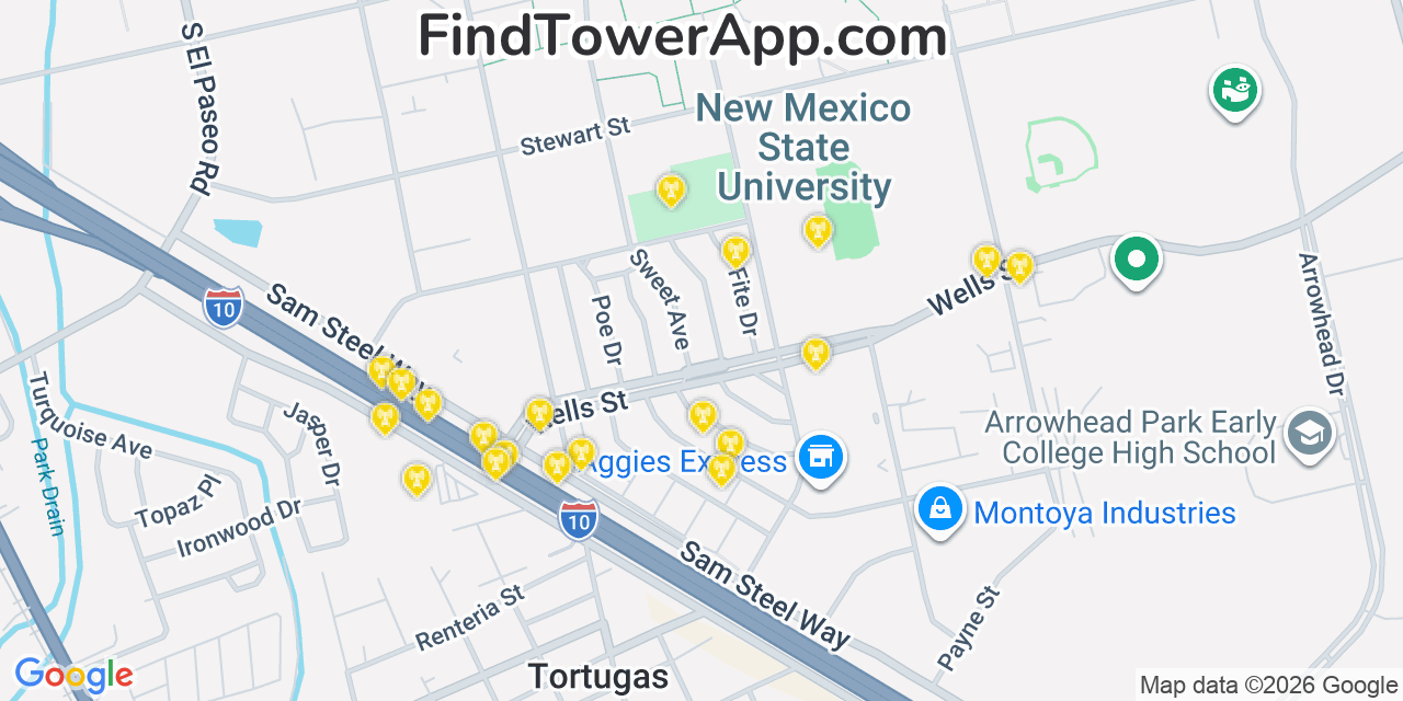 Map showing the 20 primary cell tower locations detected in University Park, New Mexico from AT&T, Verizon, and T-Mobile networks