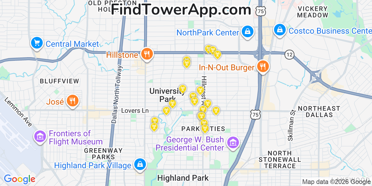 Map showing the 20 primary cell tower locations detected in University Park, Texas from AT&T, Verizon, and T-Mobile networks