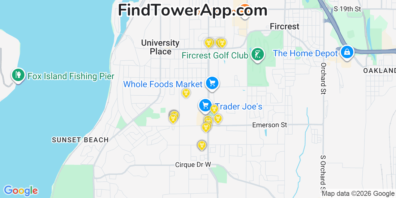 Map showing the 20 primary cell tower locations detected in University Place, Washington from AT&T, Verizon, and T-Mobile networks