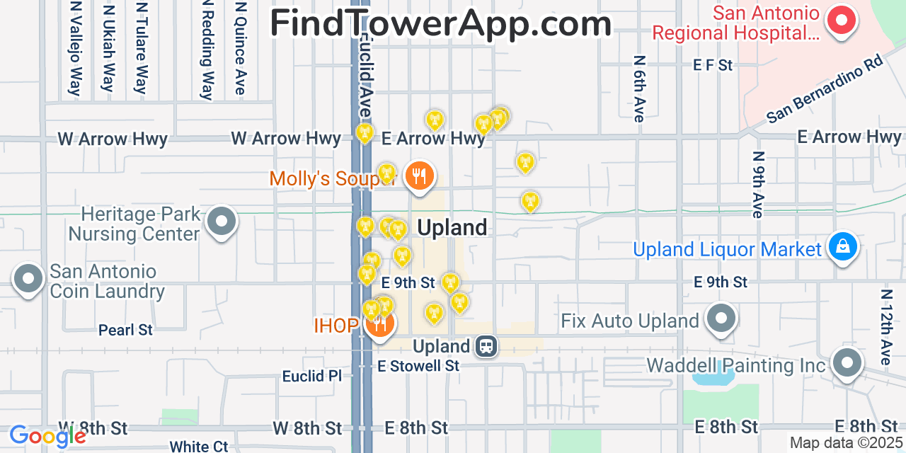 Map showing the 20 primary cell tower locations detected in Upland, California from AT&T, Verizon, and T-Mobile networks