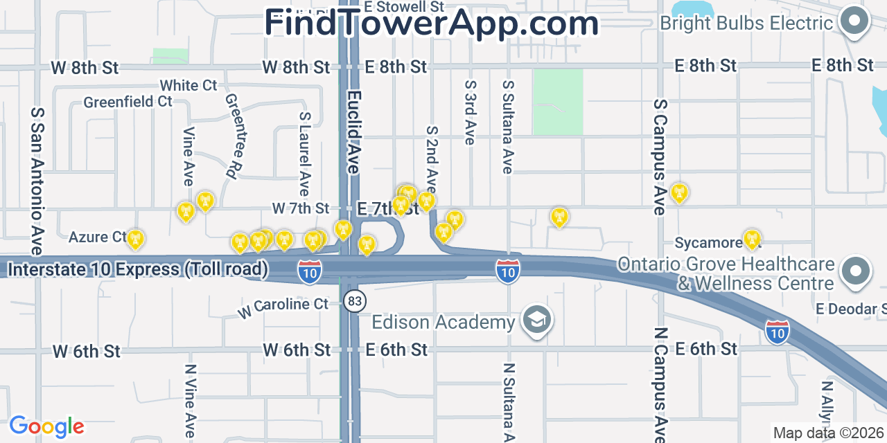 Map showing the 20 primary cell tower locations detected in Upland, California from AT&T, Verizon, and T-Mobile networks