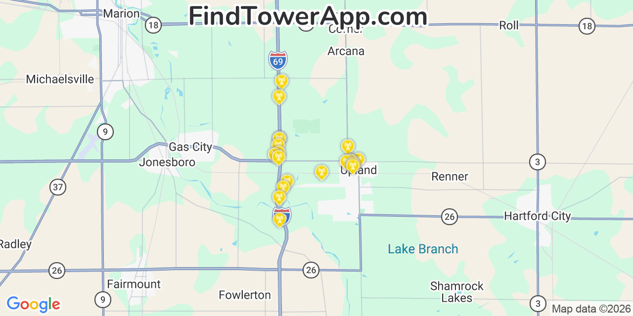 Map showing the 20 primary cell tower locations detected in Upland, Indiana from AT&T, Verizon, and T-Mobile networks