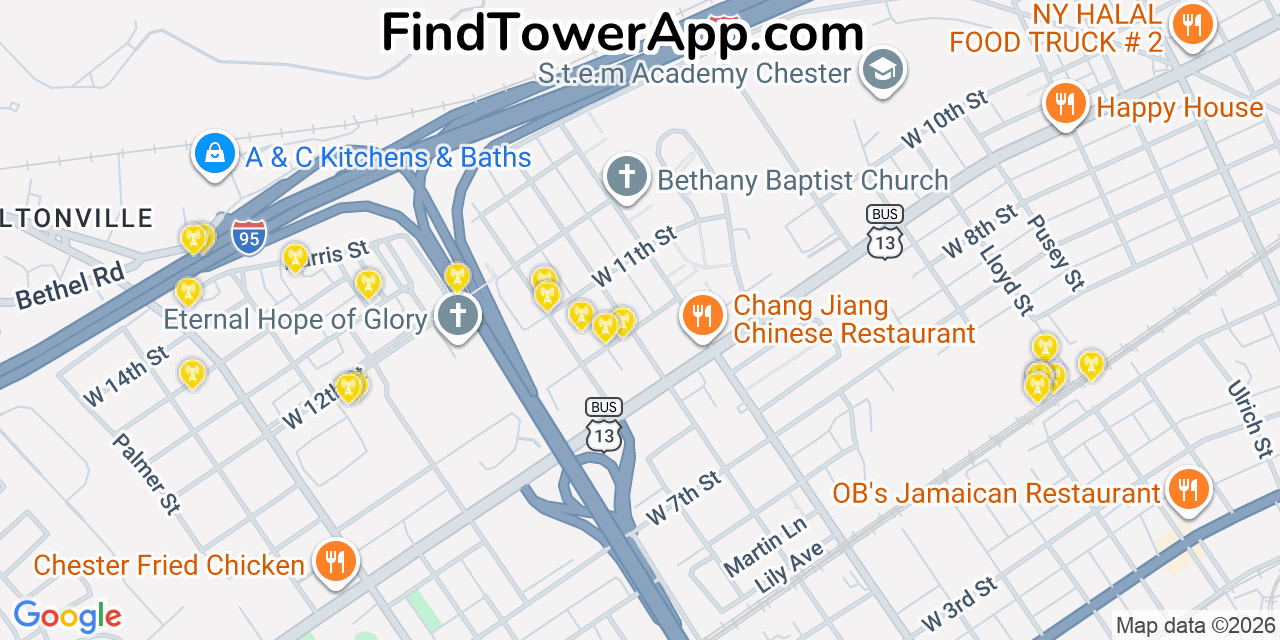 Map showing the 20 primary cell tower locations detected in Upland, Pennsylvania from AT&T, Verizon, and T-Mobile networks