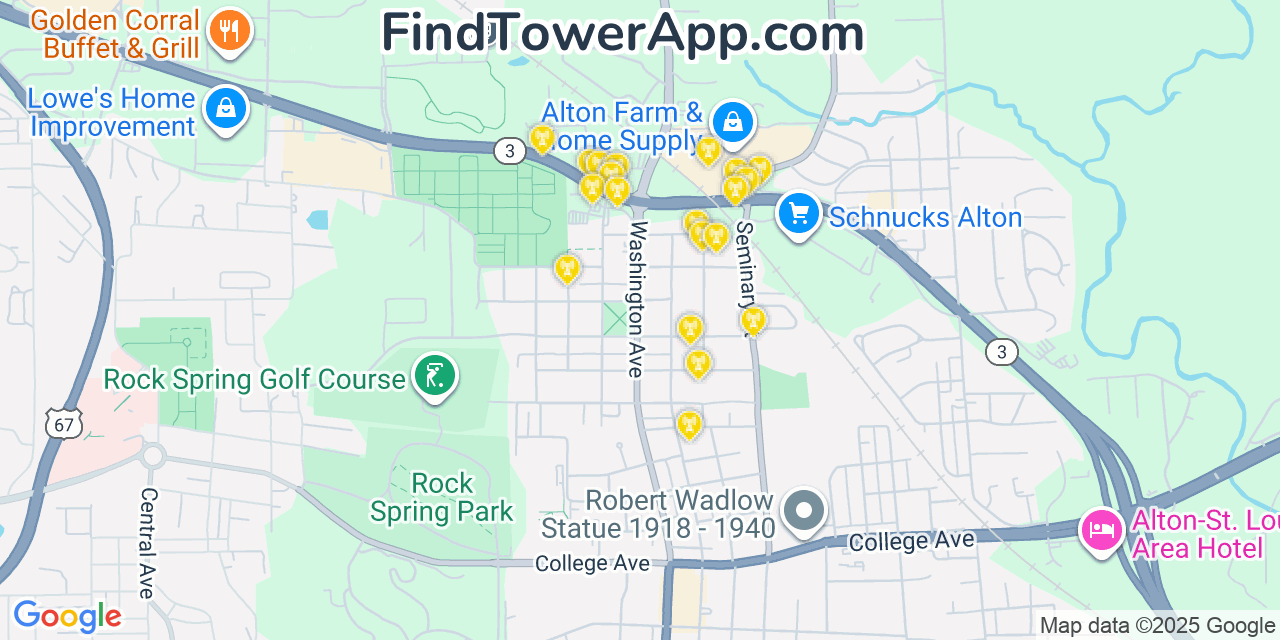 Map showing the 20 primary cell tower locations detected in Upper Alton, Illinois from AT&T, Verizon, and T-Mobile networks