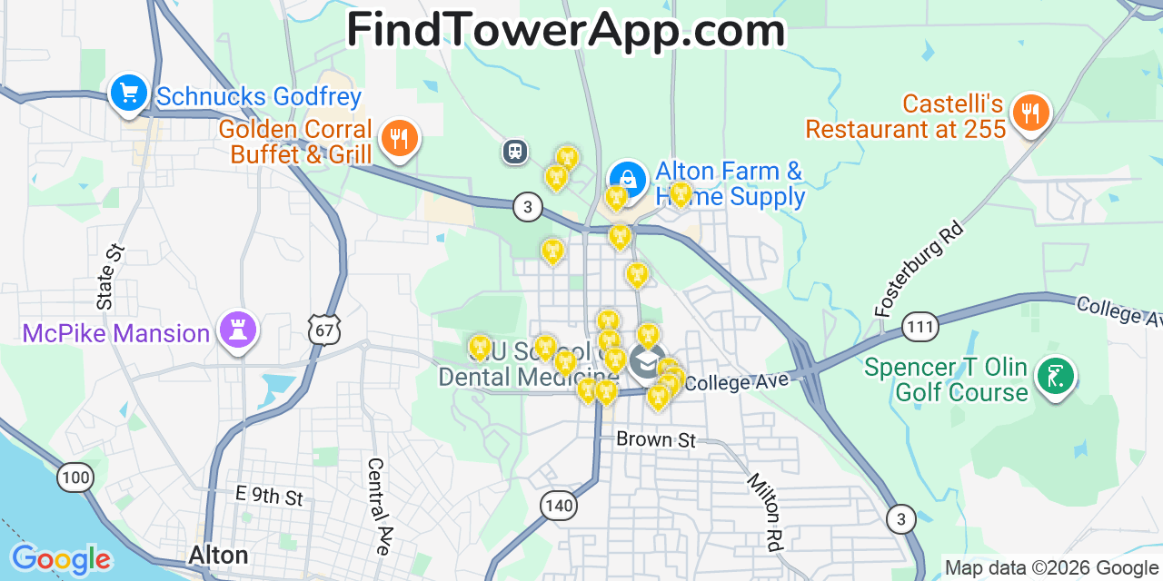 Map showing the 20 primary cell tower locations detected in Upper Alton, Illinois from AT&T, Verizon, and T-Mobile networks