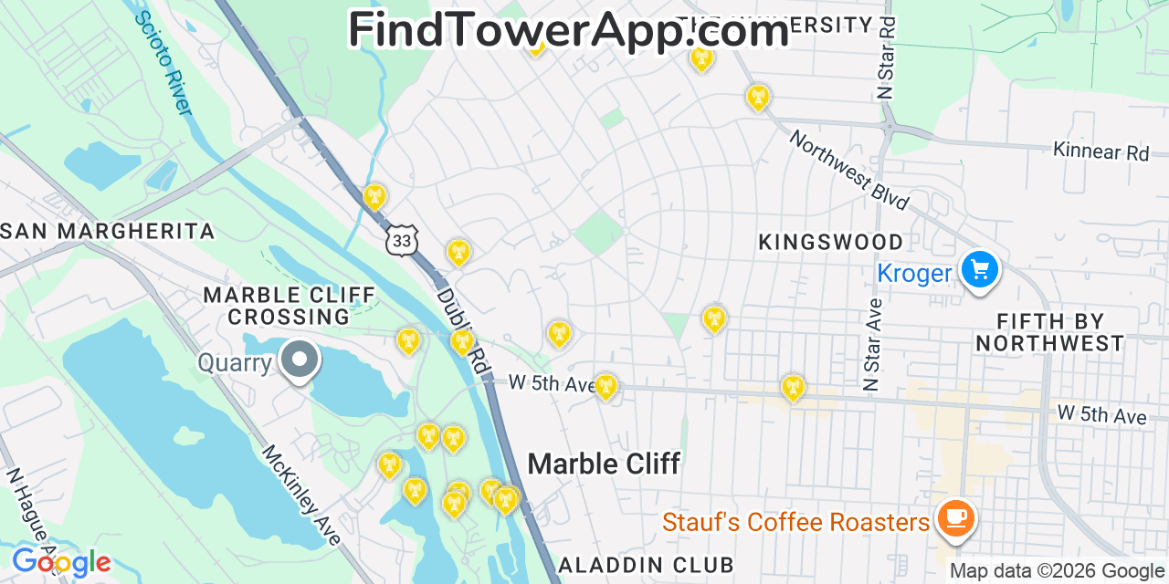 Map showing the 20 primary cell tower locations detected in Upper Arlington, Ohio from AT&T, Verizon, and T-Mobile networks