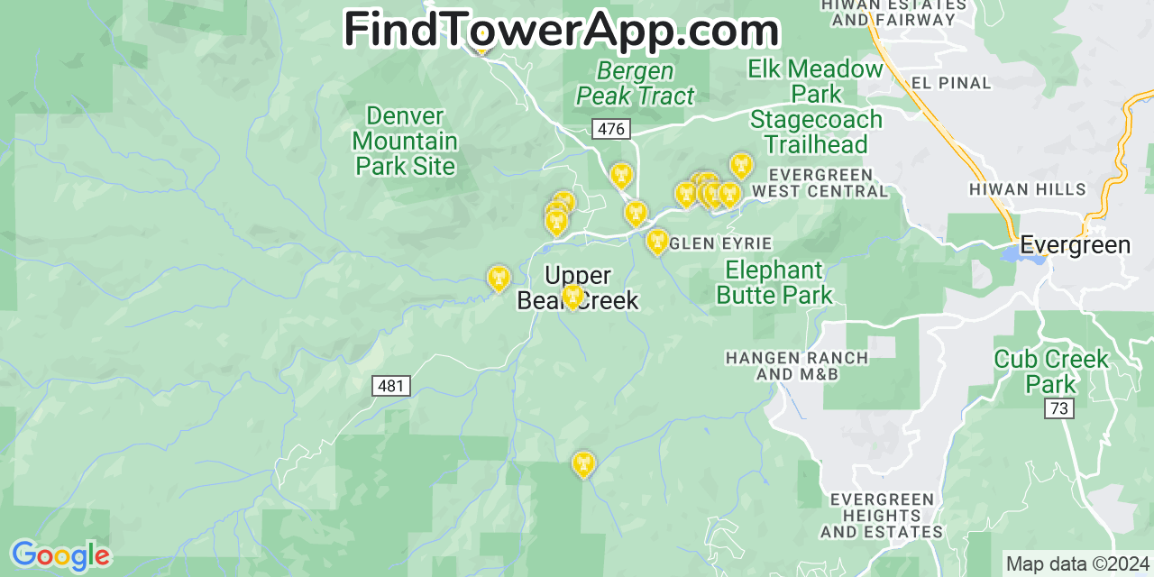 AT&T 4G/5G cell tower coverage map Upper Bear Creek, Colorado