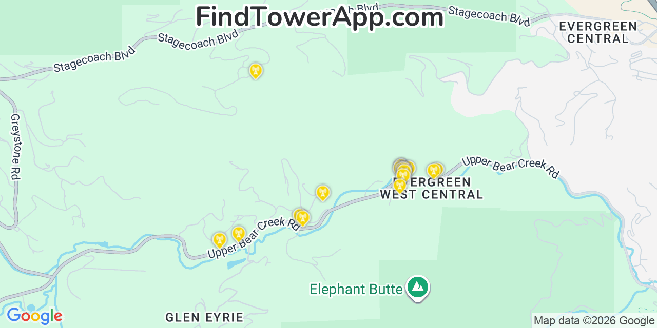 Map showing the 20 primary cell tower locations detected in Upper Bear Creek, Colorado from AT&T, Verizon, and T-Mobile networks