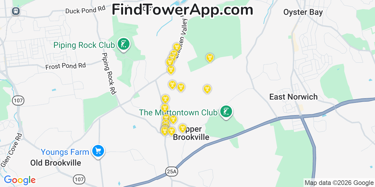 Map showing the 20 primary cell tower locations detected in Upper Brookville, New York from AT&T, Verizon, and T-Mobile networks