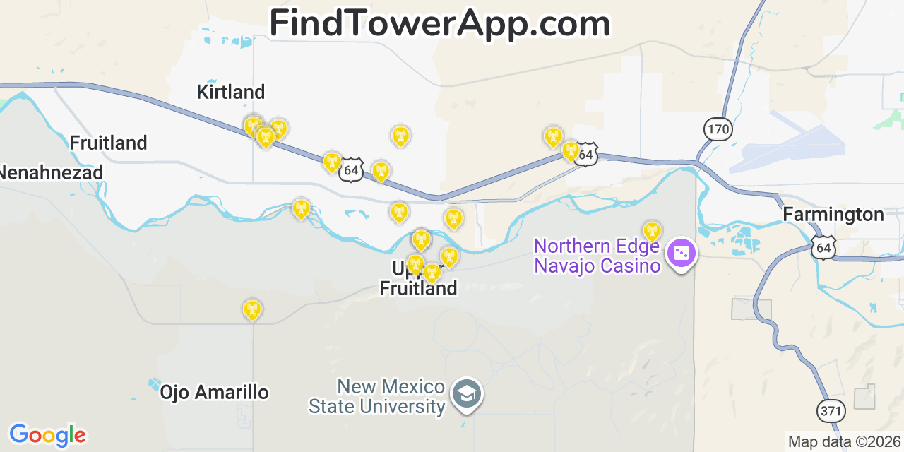 Map showing the 20 primary cell tower locations detected in Upper Fruitland, New Mexico from AT&T, Verizon, and T-Mobile networks