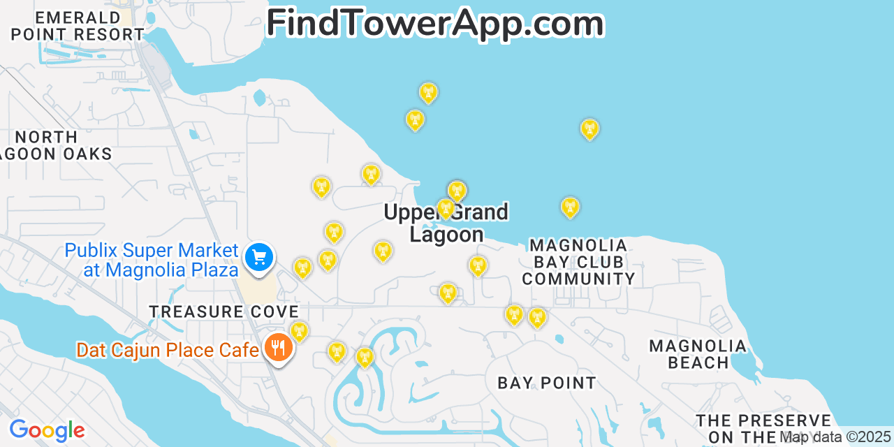 Map showing the 20 primary cell tower locations detected in Upper Grand Lagoon, Florida from AT&T, Verizon, and T-Mobile networks