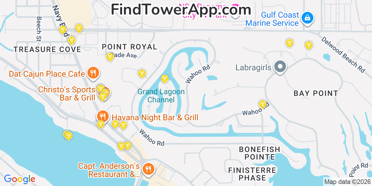 Map showing the 20 primary cell tower locations detected in Upper Grand Lagoon, Florida from AT&T, Verizon, and T-Mobile networks