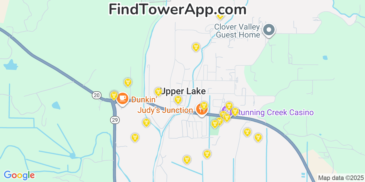 Map showing the 20 primary cell tower locations detected in Upper Lake, California from AT&T, Verizon, and T-Mobile networks