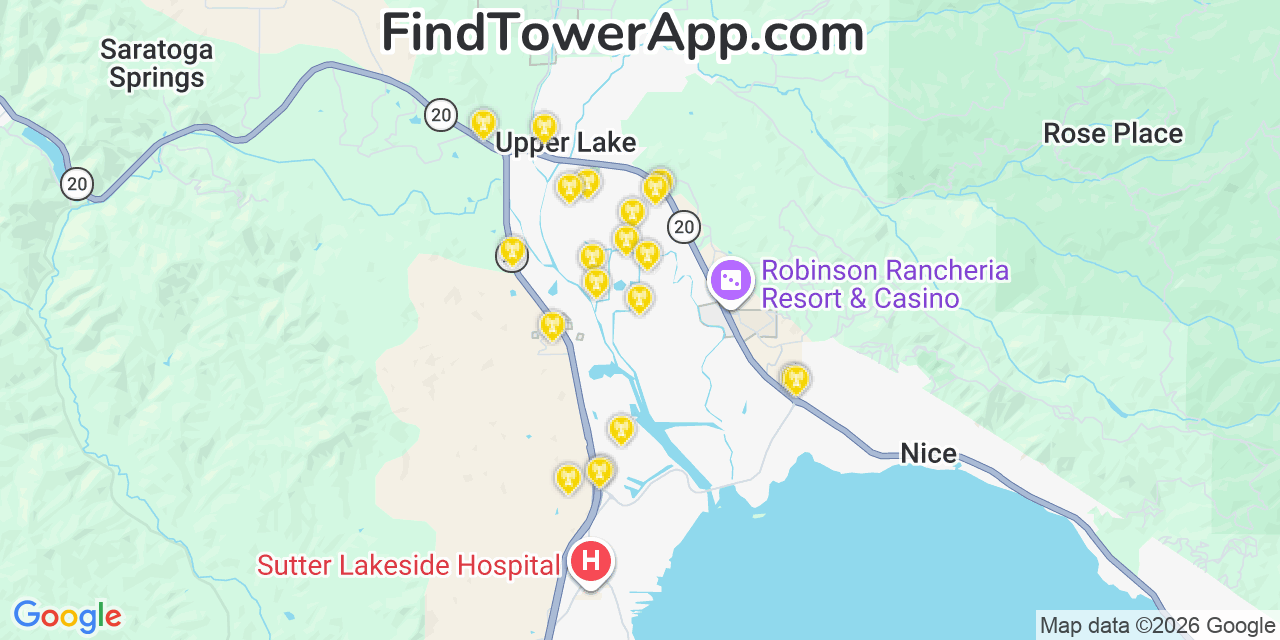 Map showing the 20 primary cell tower locations detected in Upper Lake, California from AT&T, Verizon, and T-Mobile networks