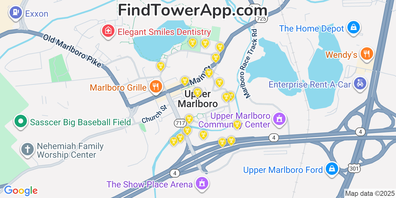 Map showing the 20 primary cell tower locations detected in Upper Marlboro, Maryland from AT&T, Verizon, and T-Mobile networks