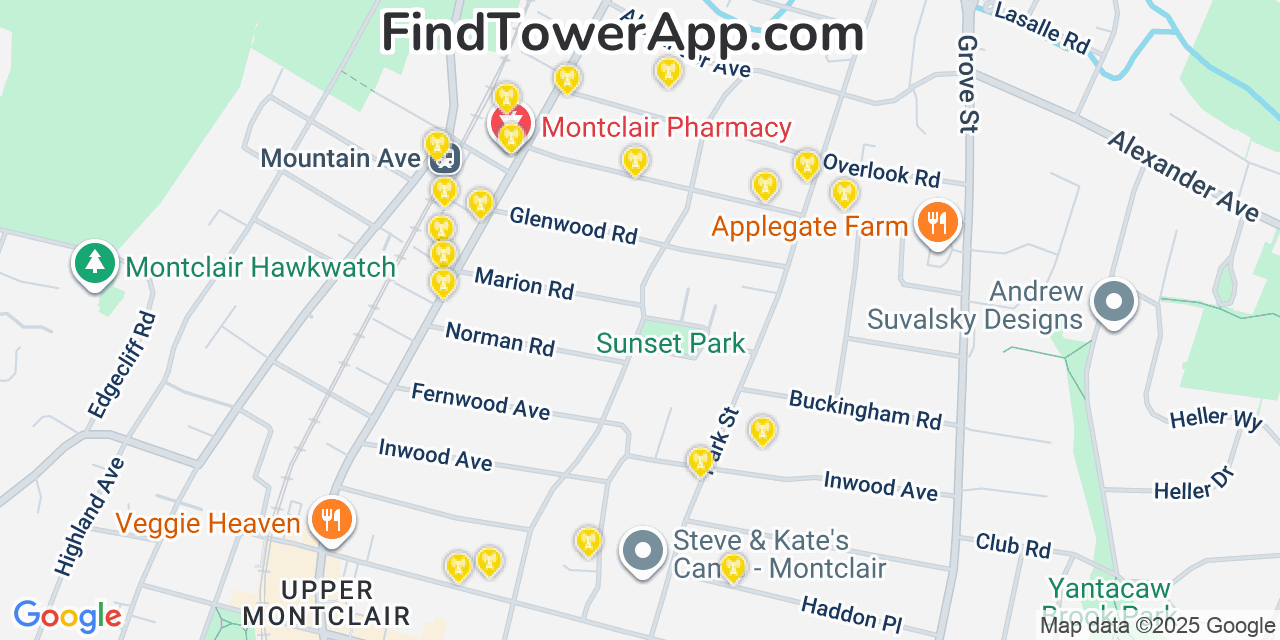 Map showing the 20 primary cell tower locations detected in Upper Montclair, New Jersey from AT&T, Verizon, and T-Mobile networks